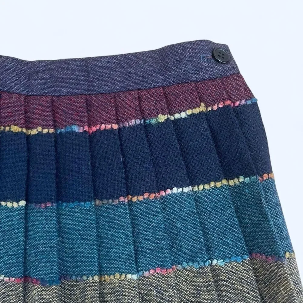 Vintage 1980s Wool Tweed Pleated Rainbow Striped Mini Skirt